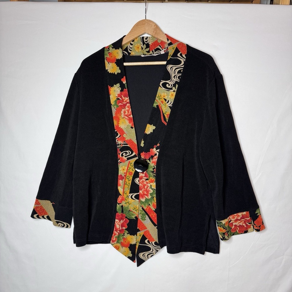 Soft Surroundings Jacket Sz XL‎ Black Kimono Floral Large Button Lagenlook